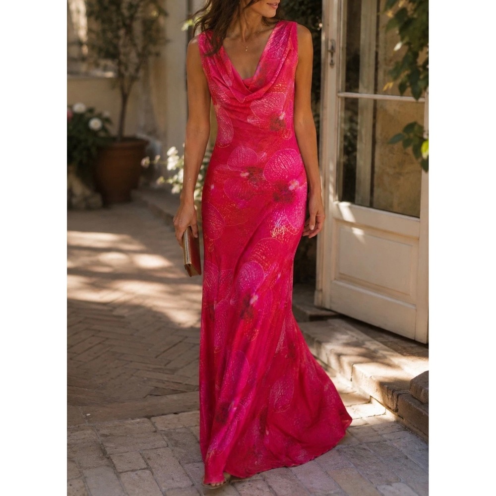 Paper Heart Pink Orchid Floral Cowl Neck Maxi Dress Sleeveless Summer M - Picture 1 of 11